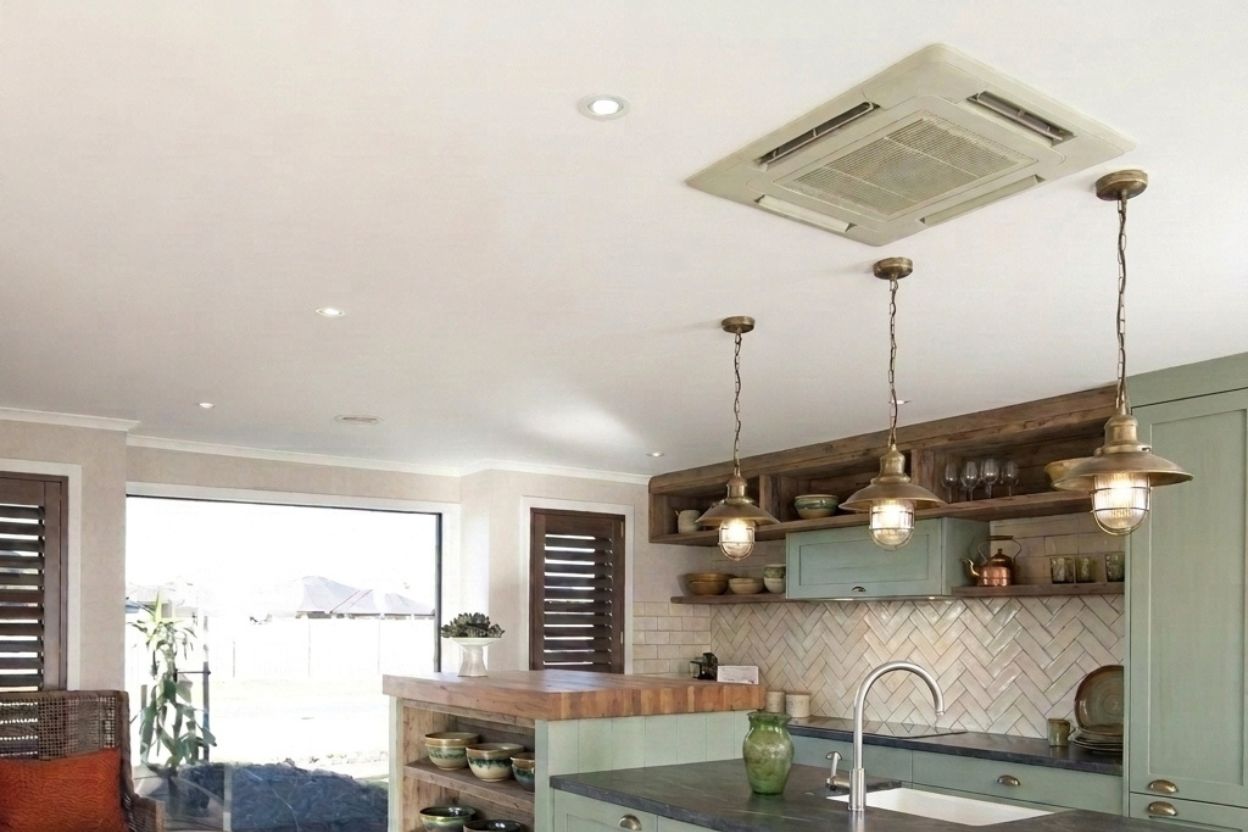 Ceiling cassette heat pump installed flush in the ceiling of a Takapuna North Shore kitchen