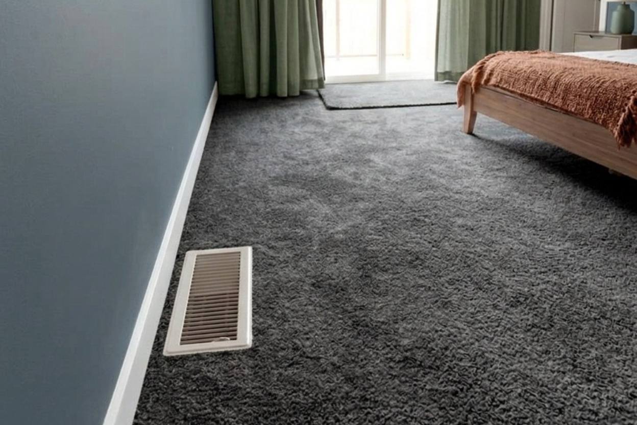 Ducted heat pump floor vent in a Takapuna North Shore bedroom