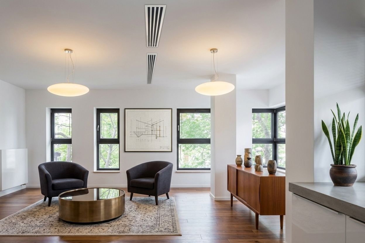 Ducted whole-home heat pump ceiling vent in a Takapuna North Shore living room