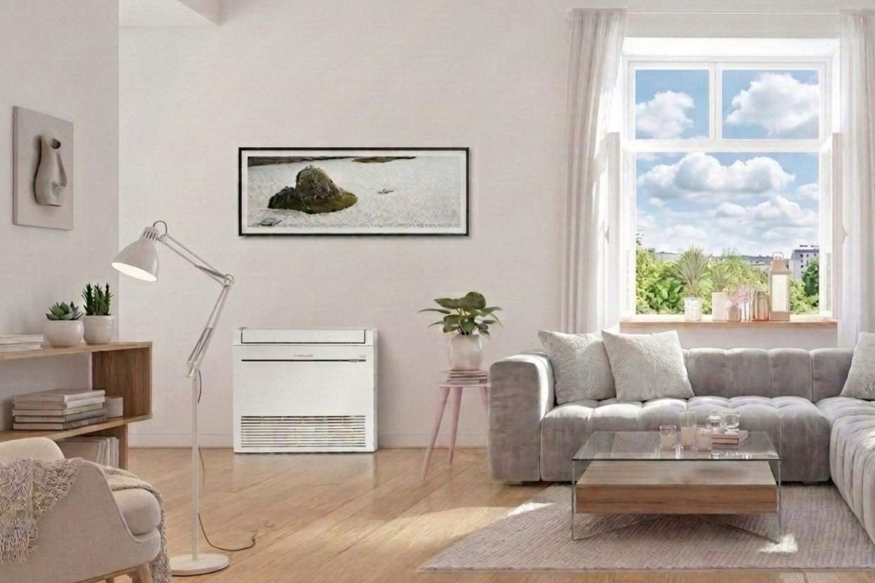 Floor mounted heat pump installed in a Takapuna North Shore living room