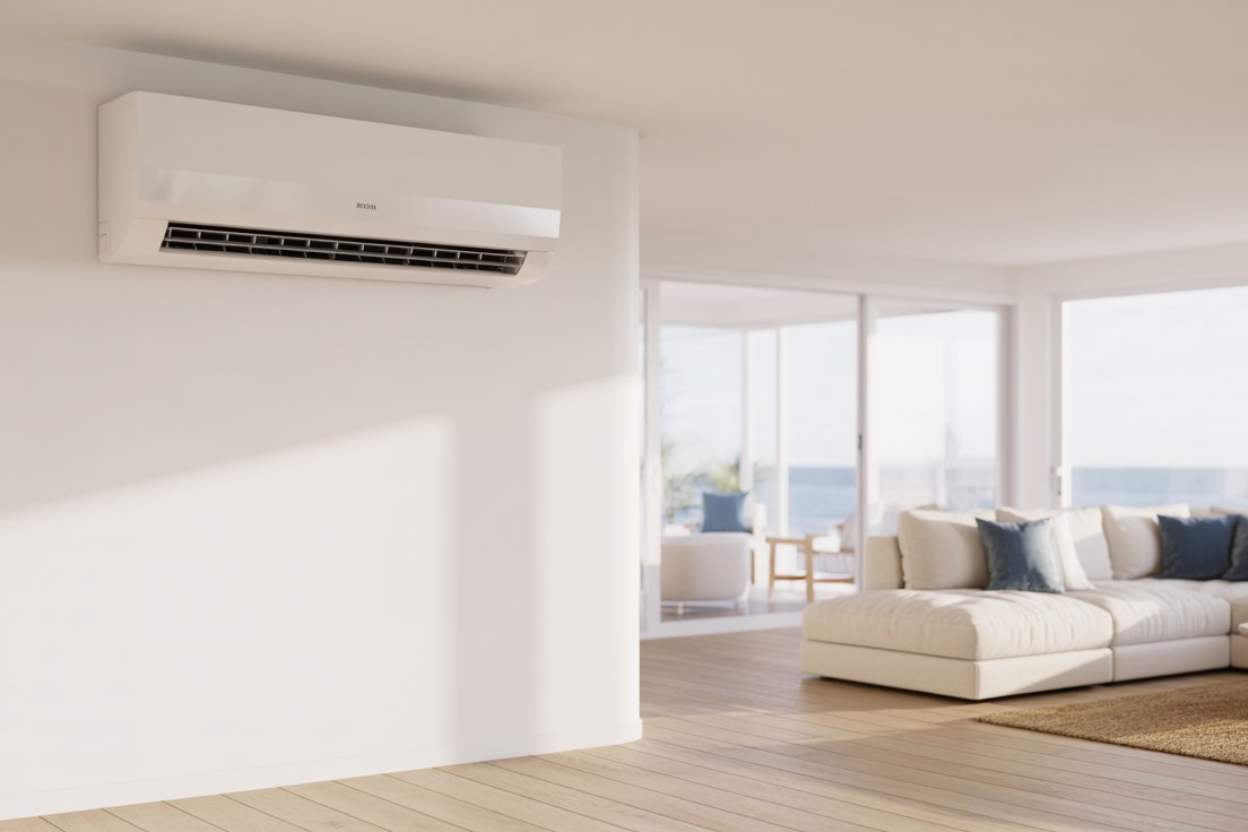 High wall heat pump installed in a Takapuna North Shore living room with coastal views