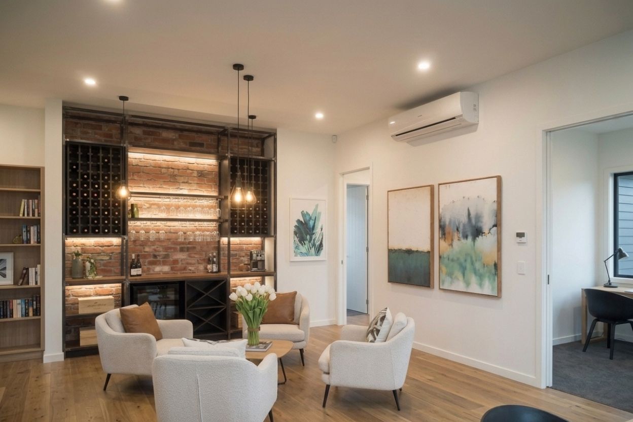 Single room heat pump installed in a stylish Takapuna North Shore living room